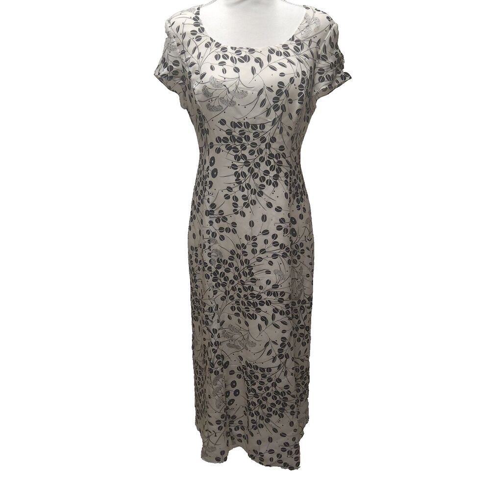 Garnet Hill White Black Leaves Silk Midi Dress 6 P Quiet Luxury Wedding Guest